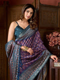 Purple Cluster Digital Saree With Jacquard Border & Jhallar Saree With Blouse Piece