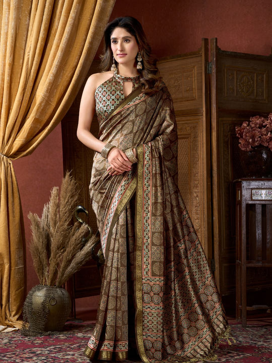 Brown Cluster Digital Saree With Jacquard Border & Jhallar Saree With Blouse Piece