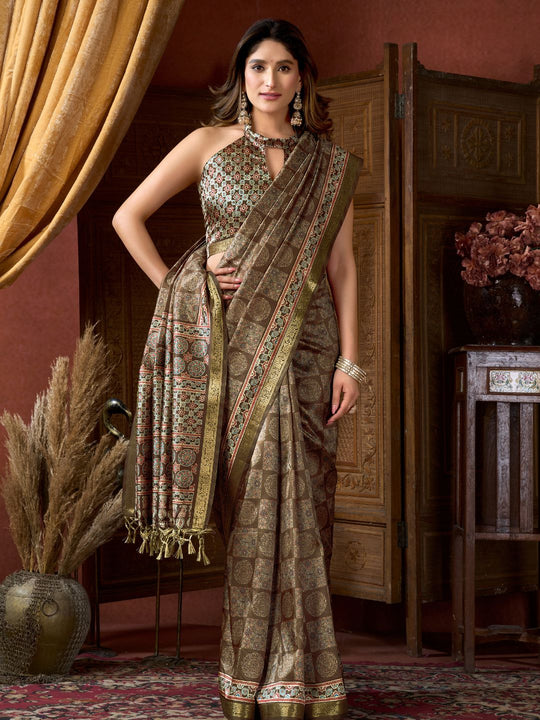 Brown Cluster Digital Saree With Jacquard Border & Jhallar Saree With Blouse Piece
