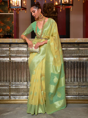 Yellow Linen Blend Silk Saree With Blouse Piece