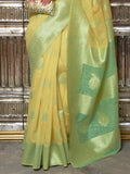 Yellow Linen Blend Silk Saree With Blouse Piece