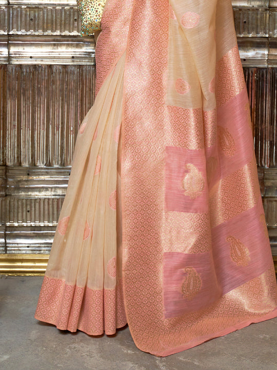 Cream Linen Blend Silk Saree With Blouse Piece