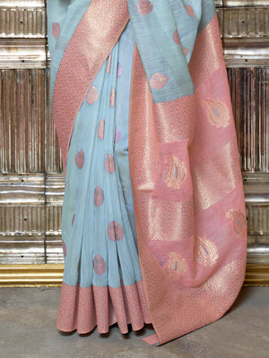 Blue Linen Blend Silk Saree With Blouse Piece