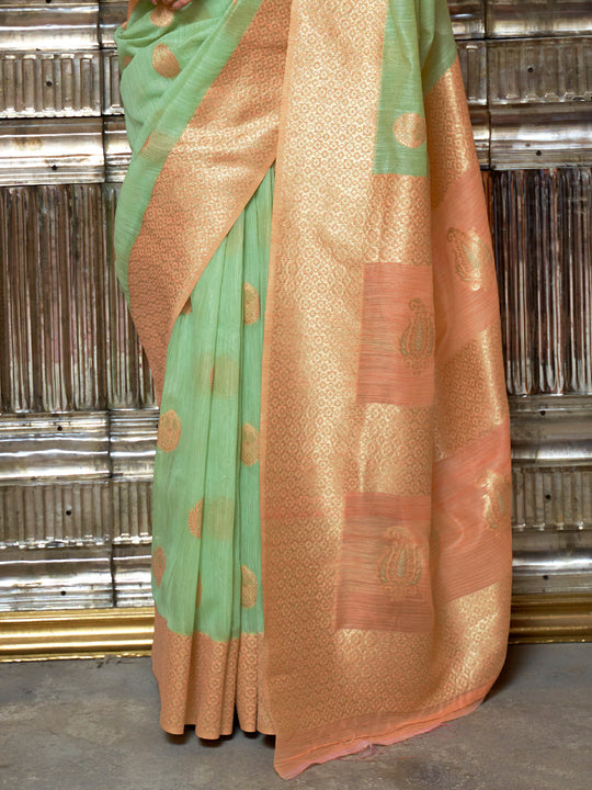 Green Linen Blend Silk Saree With Blouse Piece
