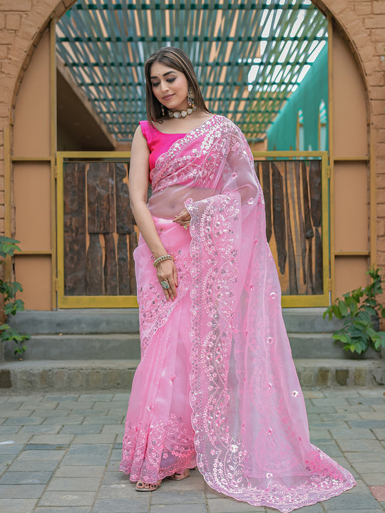 Baby Pink Organza Saree With Blouse Piece