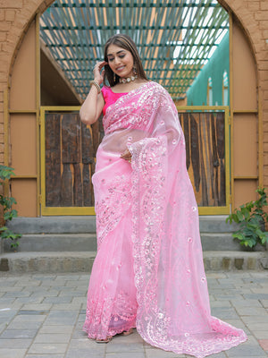 Baby Pink Organza Saree With Blouse Piece