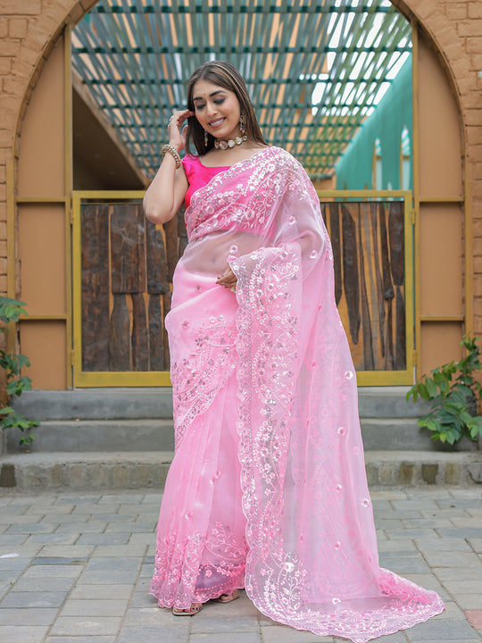 Baby Pink Organza Saree With Blouse Piece