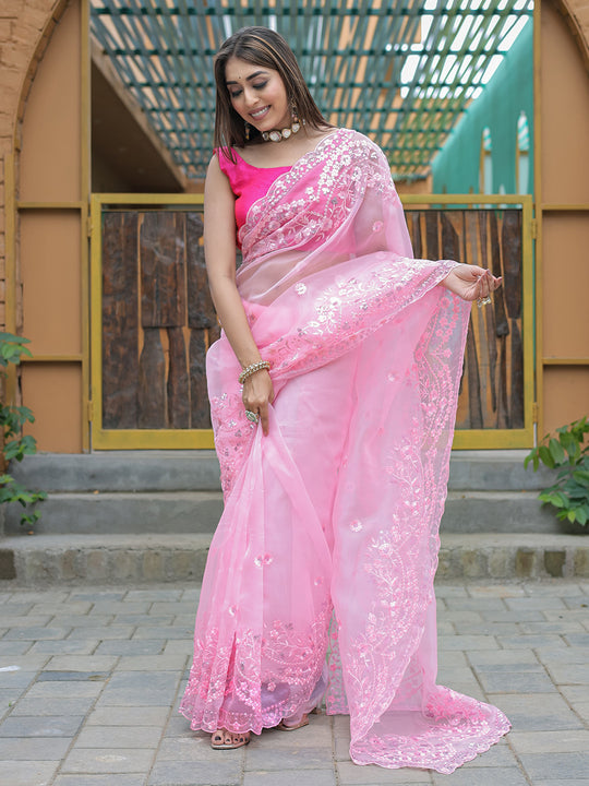 Baby Pink Organza Saree With Blouse Piece