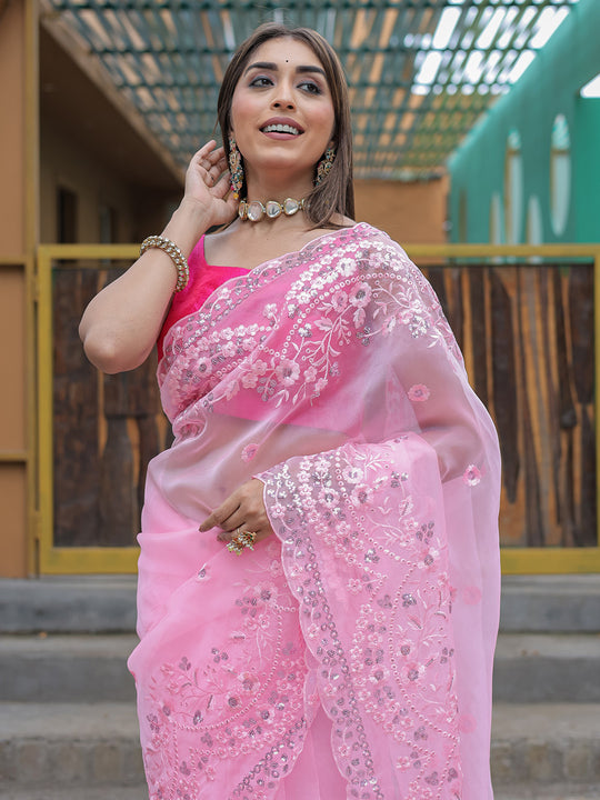 Baby Pink Organza Saree With Blouse Piece