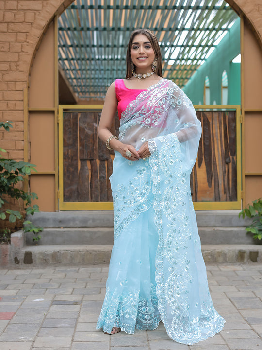 Sky Blue Organza Saree With Blouse Piece