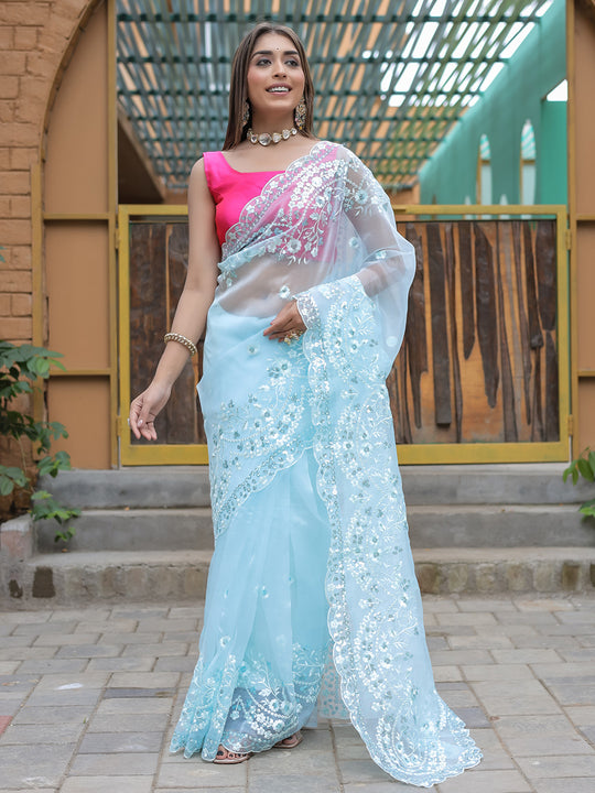 Sky Blue Organza Saree With Blouse Piece