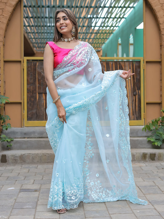 Sky Blue Organza Saree With Blouse Piece