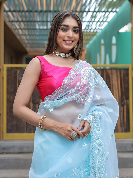 Sky Blue Organza Saree With Blouse Piece
