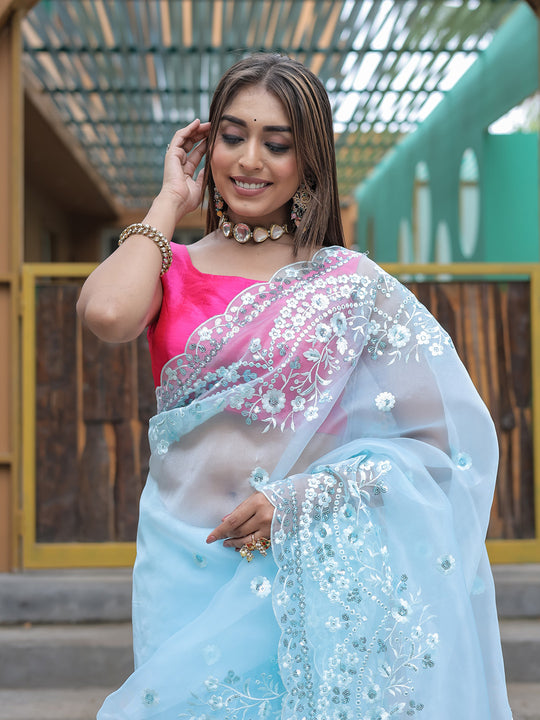 Sky Blue Organza Saree With Blouse Piece
