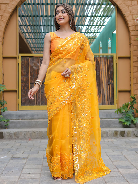 Yellow Organza Saree With Blouse Piece