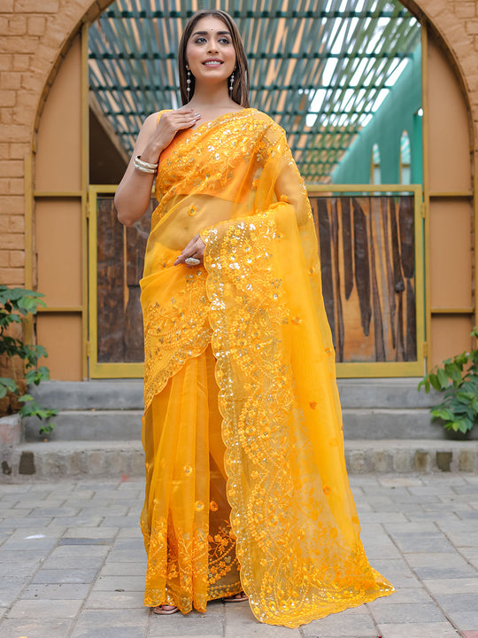 Yellow Organza Saree With Blouse Piece