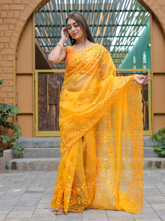 Yellow Organza Saree With Blouse Piece