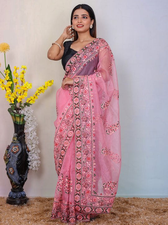 Pink Organza Saree With Blouse Piece