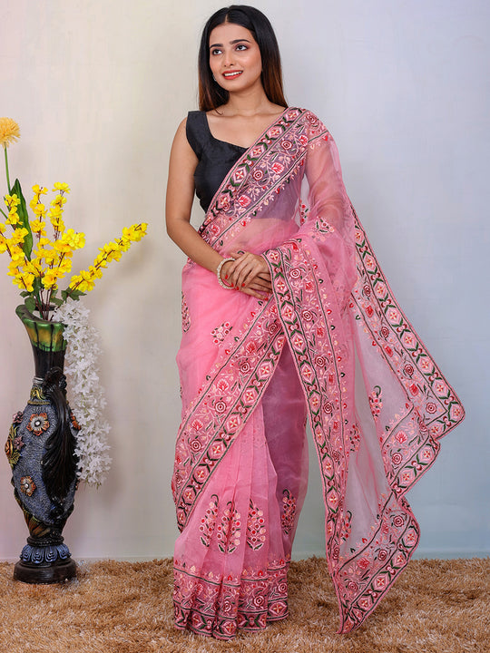 Pink Organza Saree With Blouse Piece