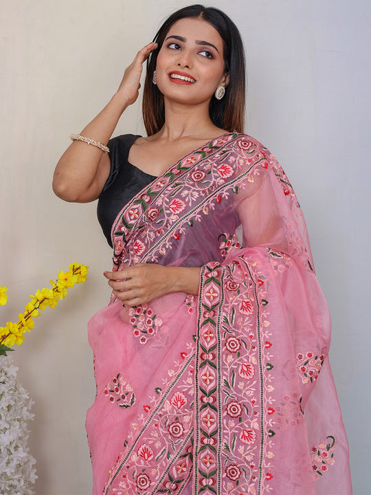 Pink Organza Saree With Blouse Piece