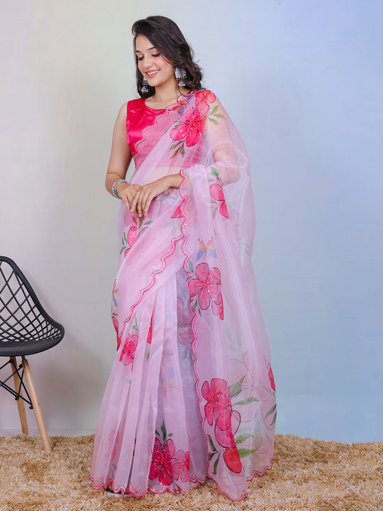Pink Organza Saree With Blouse Piece