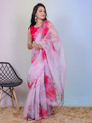 Pink Organza Saree With Blouse Piece