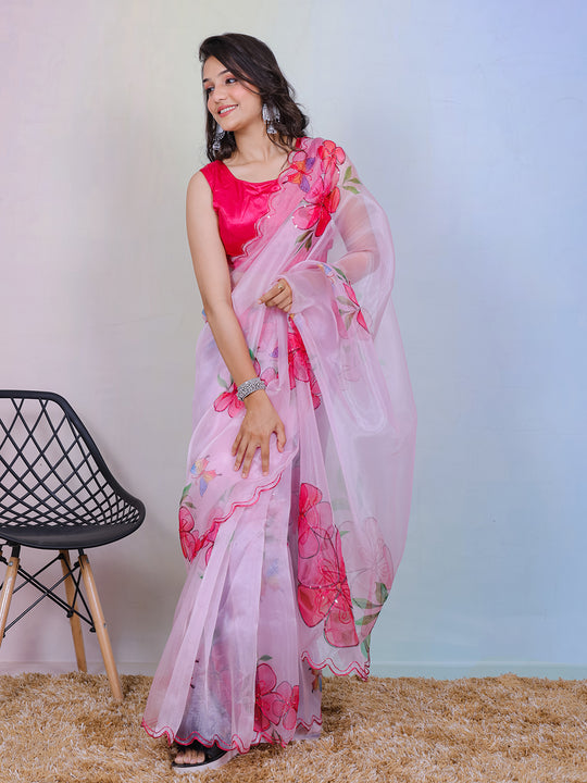 Pink Organza Saree With Blouse Piece