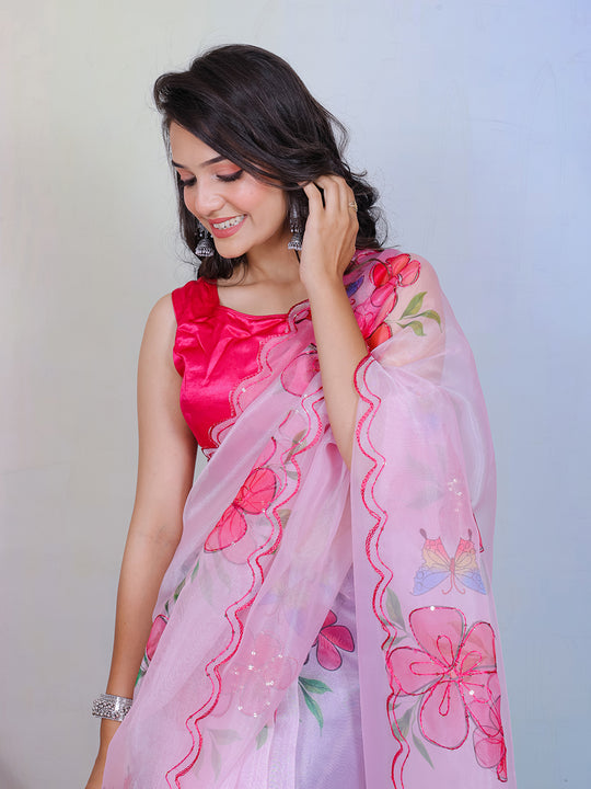 Pink Organza Saree With Blouse Piece