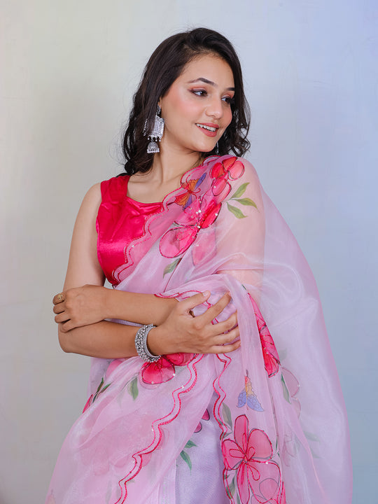 Pink Organza Saree With Blouse Piece