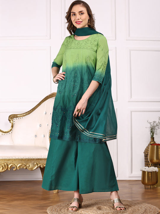 Ombre Embroidered Regular Thread Work Pure Cotton Kurta with Trousers & Dupatta