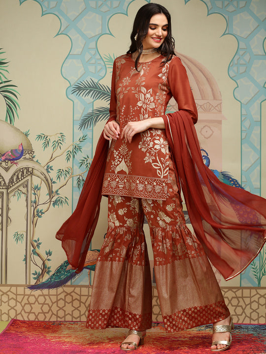 Floral Printed Round Neck Three-Quarter Sleeves Kurti with Sharara & With Dupatta
