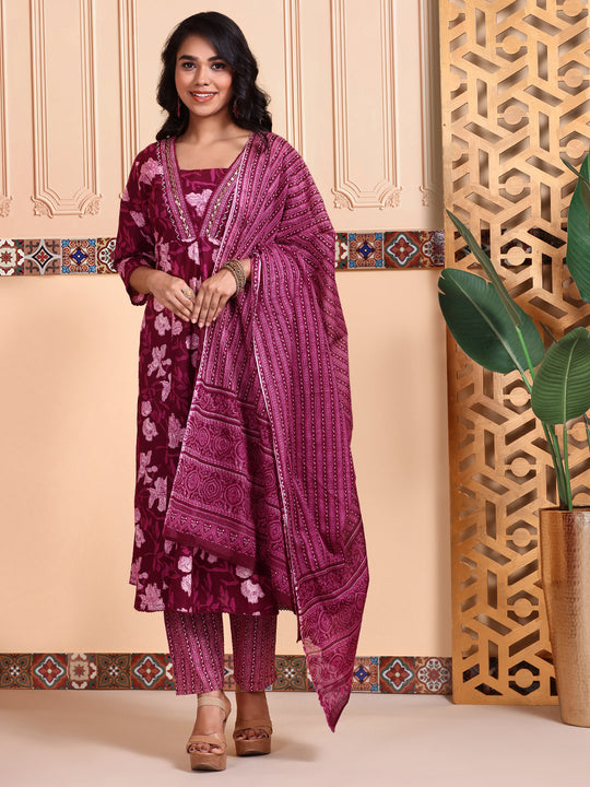 Cotton Embellished Floral Printed A-line Kurta With Trouser & Dupatta