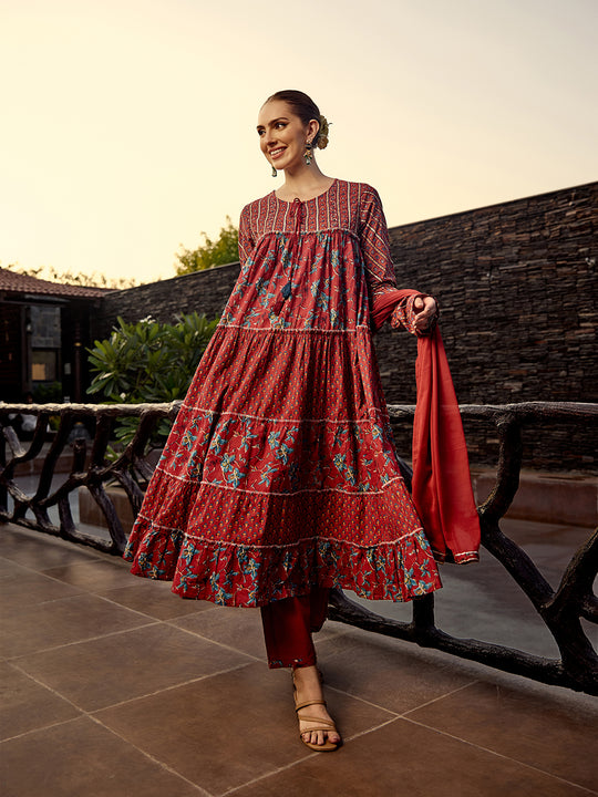Layered Embellished Tie-Up Cotton Kurta with Solid Pants and Chiffon Dupatta