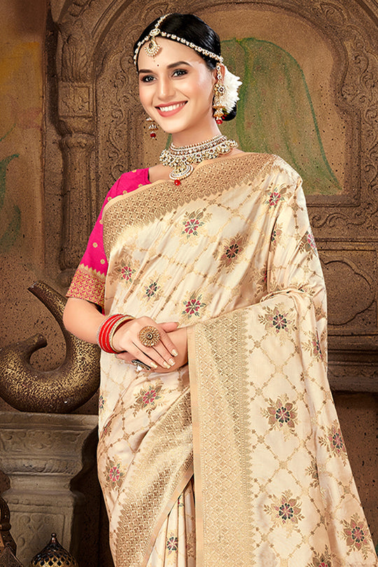 Cream Silk Saree With Blouse Piece