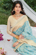 Sky Blue Cotton Thread Work Saree With Blouse Piece
