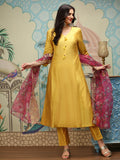 Solid V-Neck Three-Quarter Sleeves Kurta with Trousers & With Dupatta