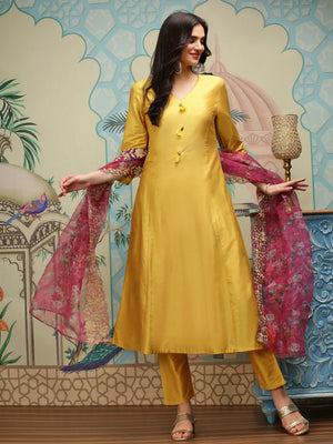 Solid V-Neck Three-Quarter Sleeves Kurta with Trousers & With Dupatta