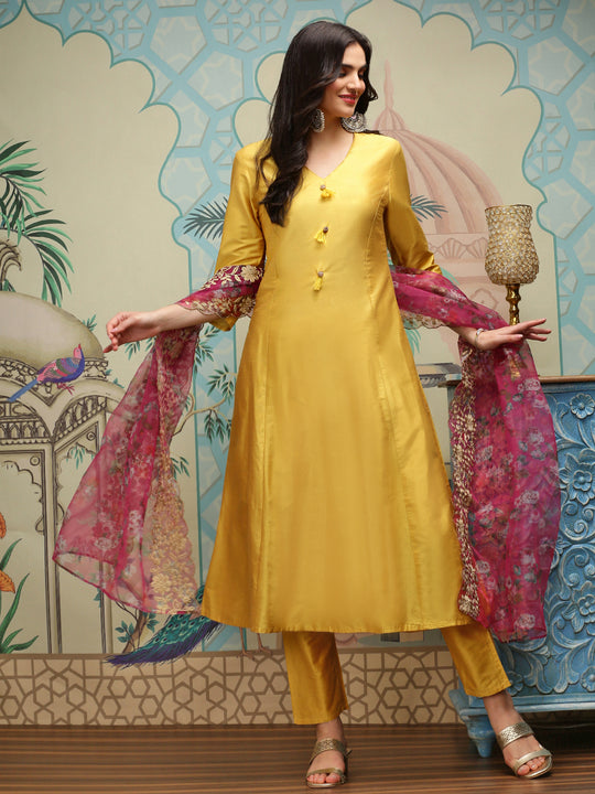 Solid V-Neck Three-Quarter Sleeves Kurta with Trousers & With Dupatta