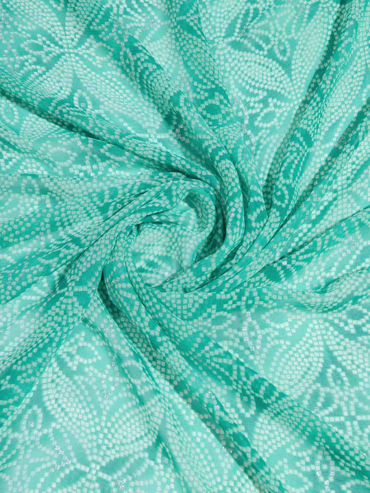 Turquoise Green Georgette Swarovski Stone Embellished Printed Saree With Blouse Piece