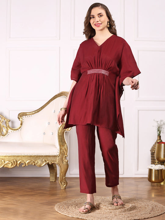 Maroon Kimono Sleeve Asymmetric Kaftan Kurti with Trousers