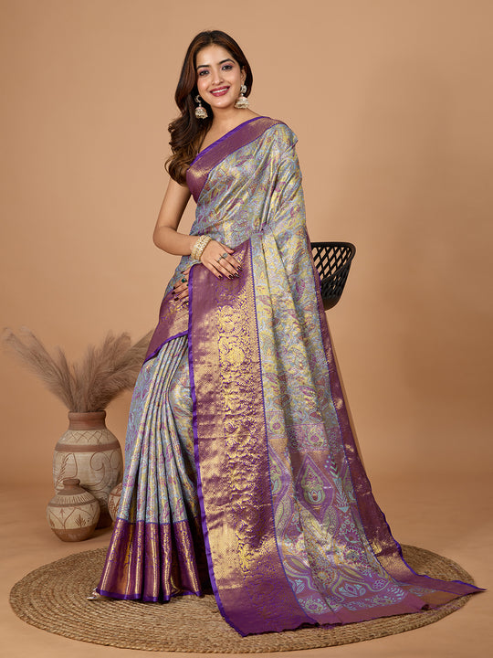 Violet Semi Silk Saree With Blouse Piece