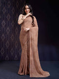 Brown Georgette Swarovski Stone Embellished Printed Saree With Blouse Piece