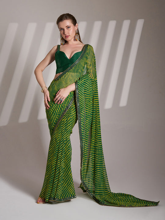 Green Georgette Printed Saree With Blouse Piece