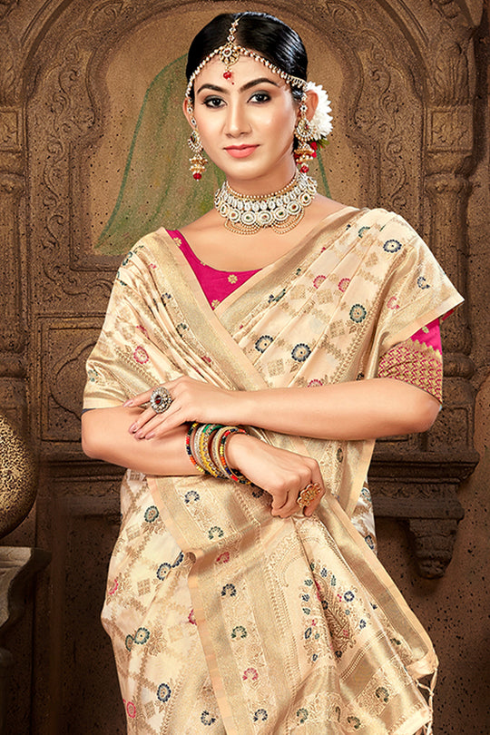 Cream Silk Saree With Blouse Piece
