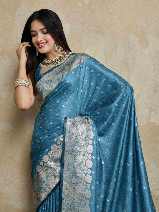 Blue Pure Satin Banarasi Saree With Tassels Saree With Blouse Piece