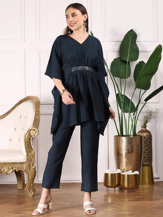 Navy Blue Kimono Sleeve Asymmetric Kaftan Kurti with Trousers