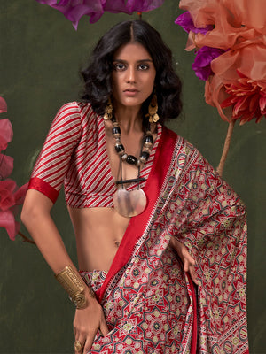 Orange Printed Ajarakh - Satin Crepe Saree With Blouse Piece