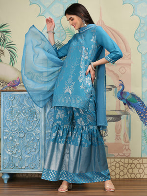 Floral Printed Straight Round Neck Kurti With Sharara & Dupatta