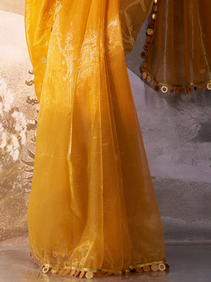 Mustard Twill Net Solid Saree With Blouse Piece