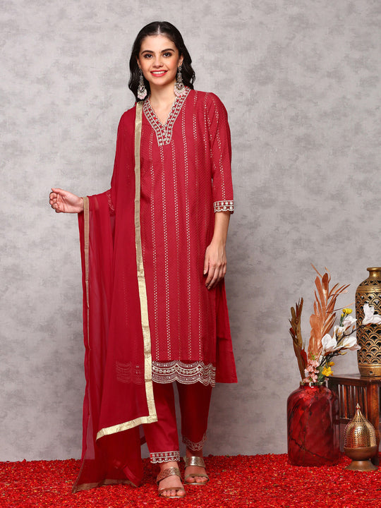 Floral Embroidered Regular Kurta with Trousers & Dupatta
